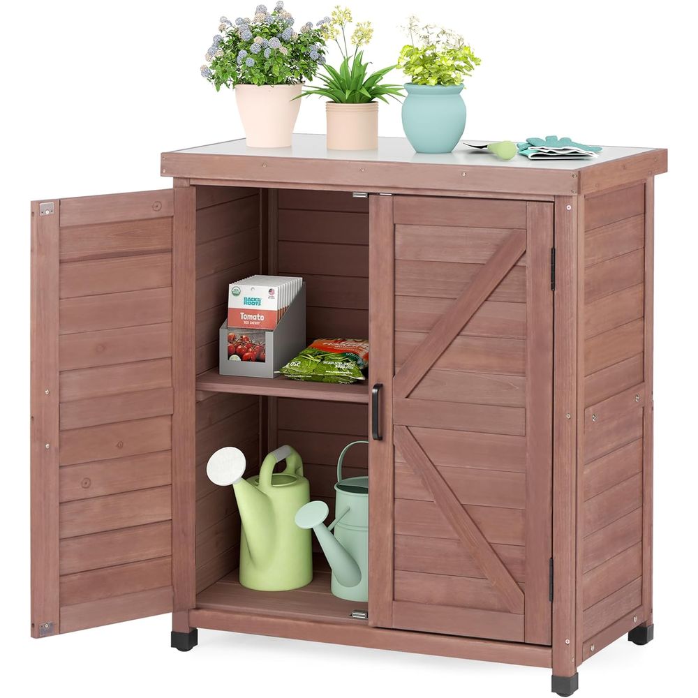 Outdoor Furniture Wood - خزانة تخزين خارجية وطاولة للزراعة بسطح